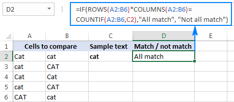 Case-insensitive formula to compare cells to a sample text