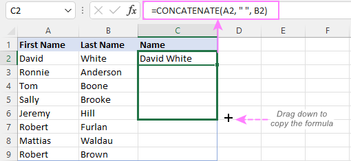 Excel CONCATENATE function to combine strings cells columns