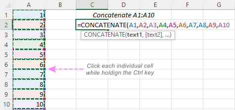 Excel CONCATENATE function to combine strings cells columns