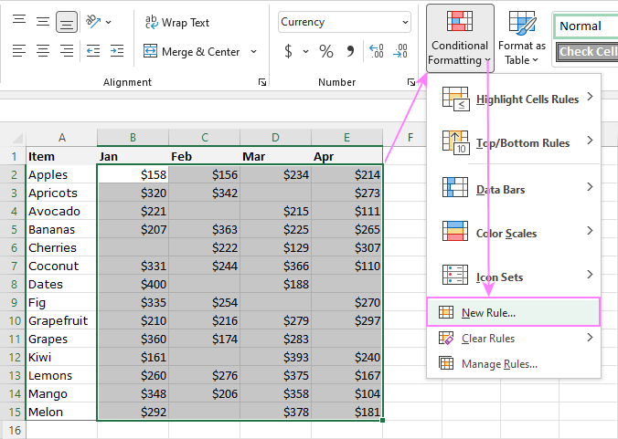 Creating a new conditional formatting rule
