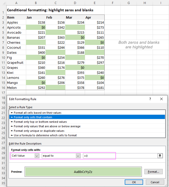 Conditional formatting if a cell is blank or zero