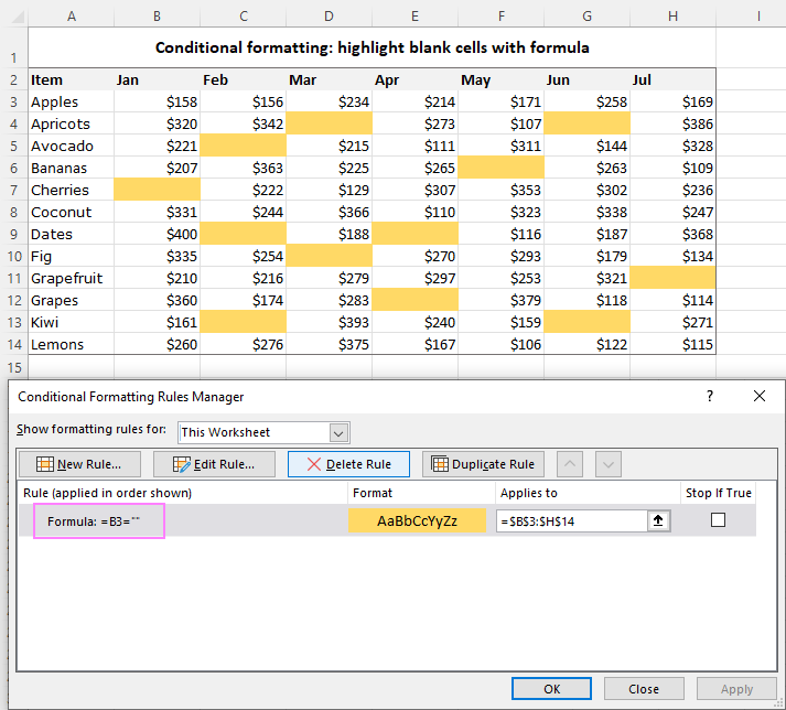 Excel conditional formatting for blank cells with formula