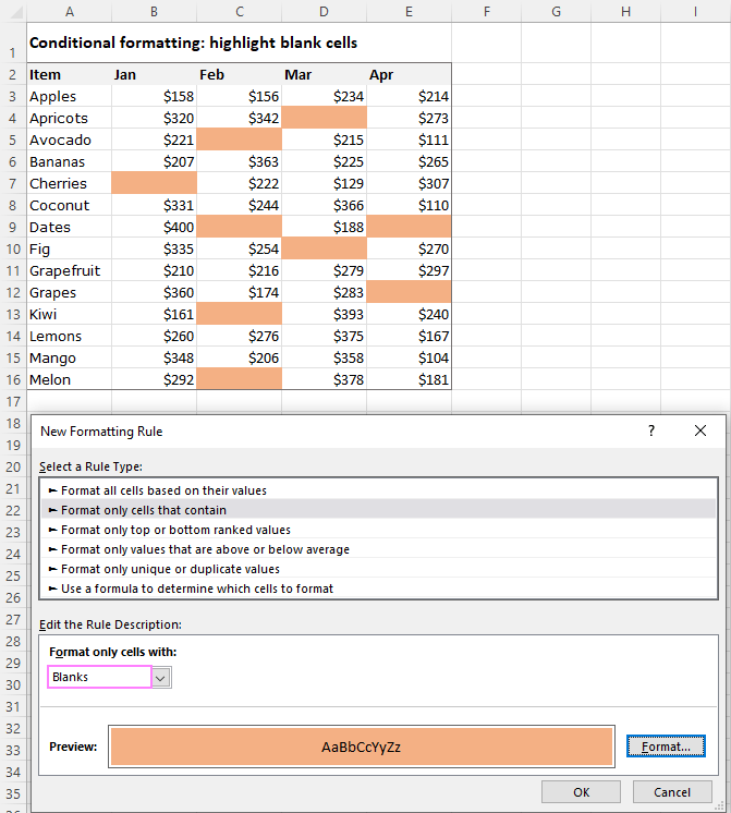 Conditional formatting to highlight empty cells.