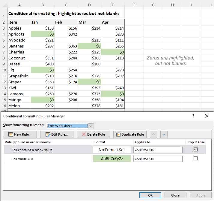 Conditional formatting rules to highlight zeros but not blanks