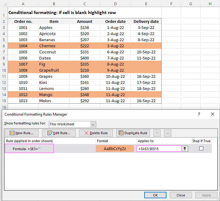 Conditional formatting to highlight the row if a certain cell is empty