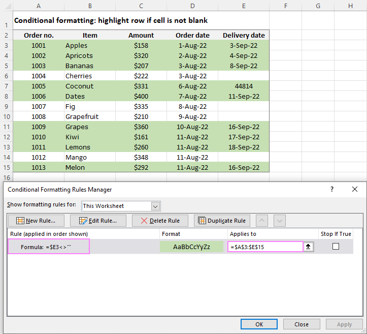 Excel Conditional Formatting If Cell Is Not Blank Highlight Row