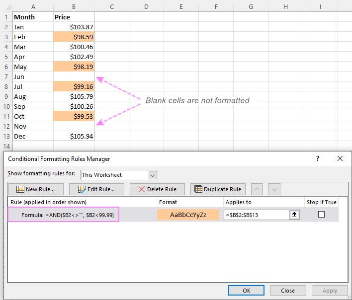 Conditional formatting formula to ignore blank cells