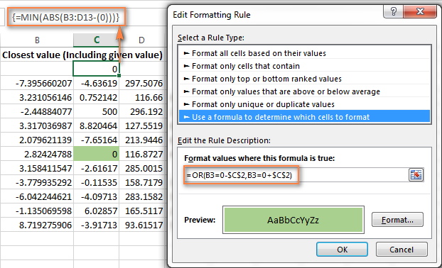 Highlight the closest value to a given number, including that number