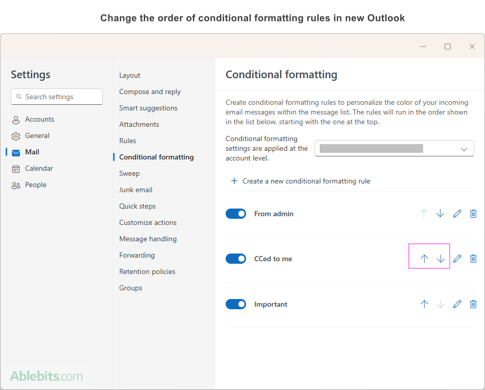 Change the order of conditional formatting rules in the new Outlook.