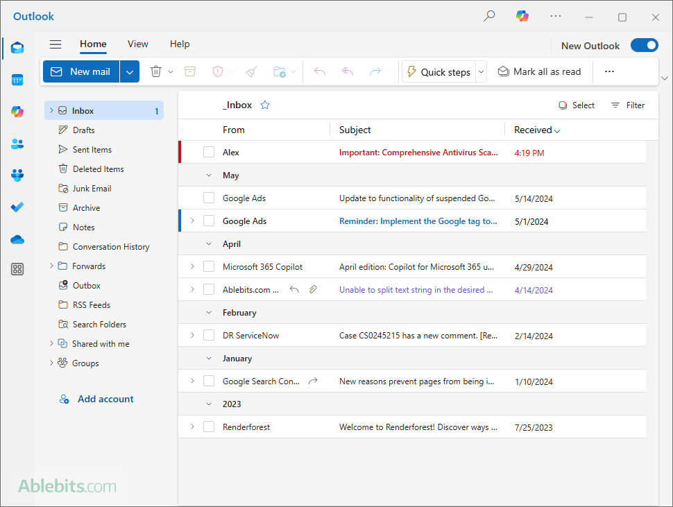 Examples of conditional formatting in the new Outlook