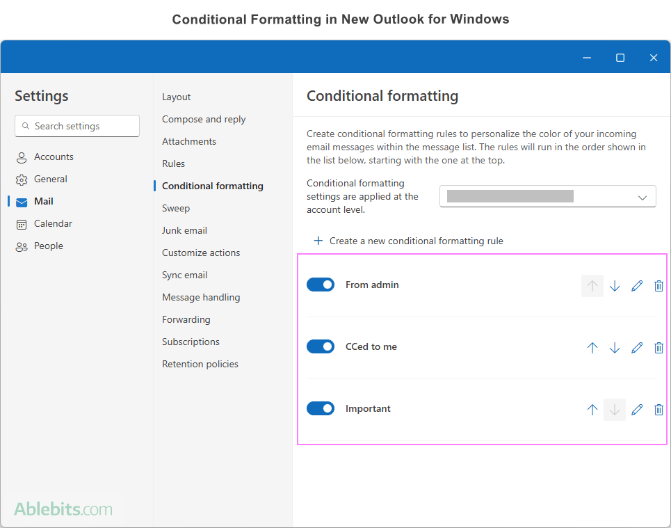 Conditional formatting in the new Outlook and web