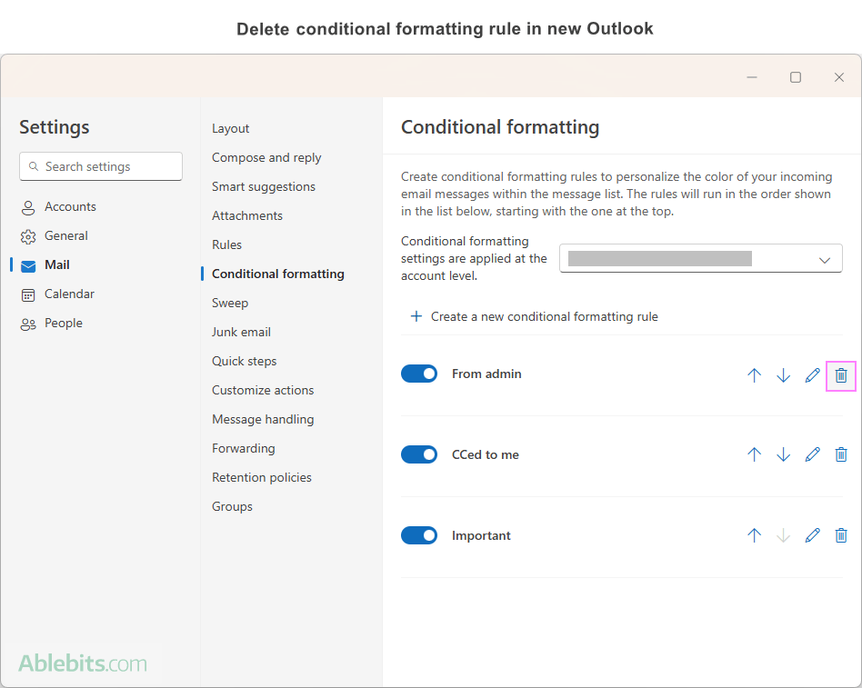 Delete a conditional formatting rule in the new Outlook.