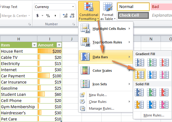 Adding conditional formatting data bars