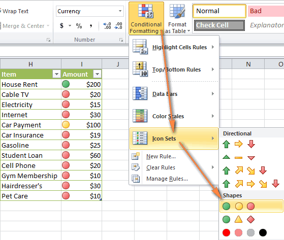 Applying Excel conditional formatting icon sets