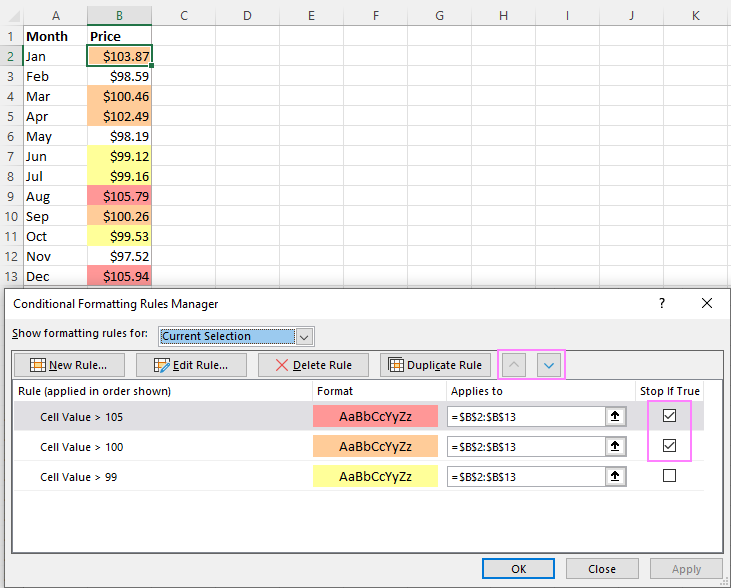 Arrange the conditional formatting rules in the right order
