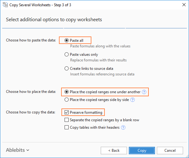 Select additional options to merge worksheets.