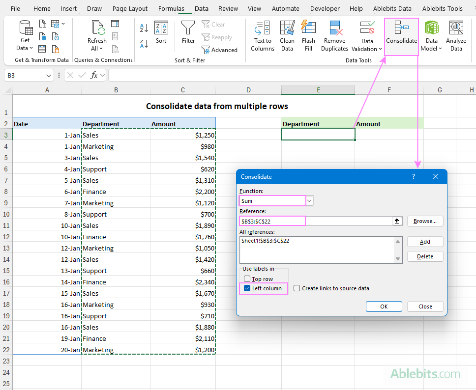 Consolidate data from multiple cells in Excel.