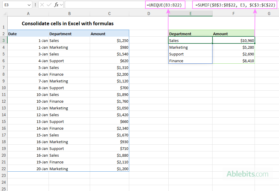 Consolidate rows in Excel using formulas.