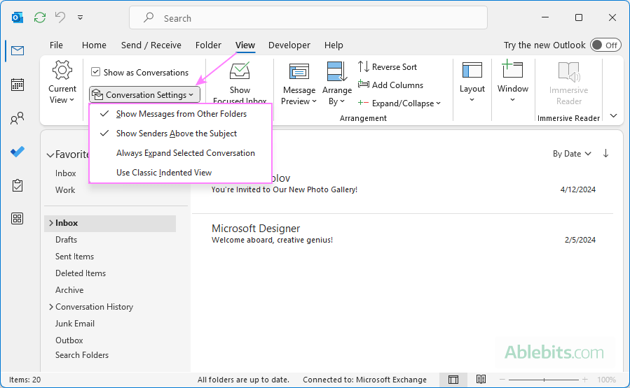 Conversation settings in Outlook.