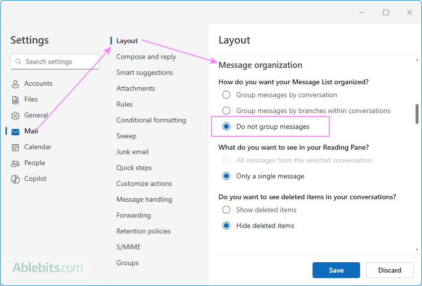 Turn off conversations in the new Outlook.
