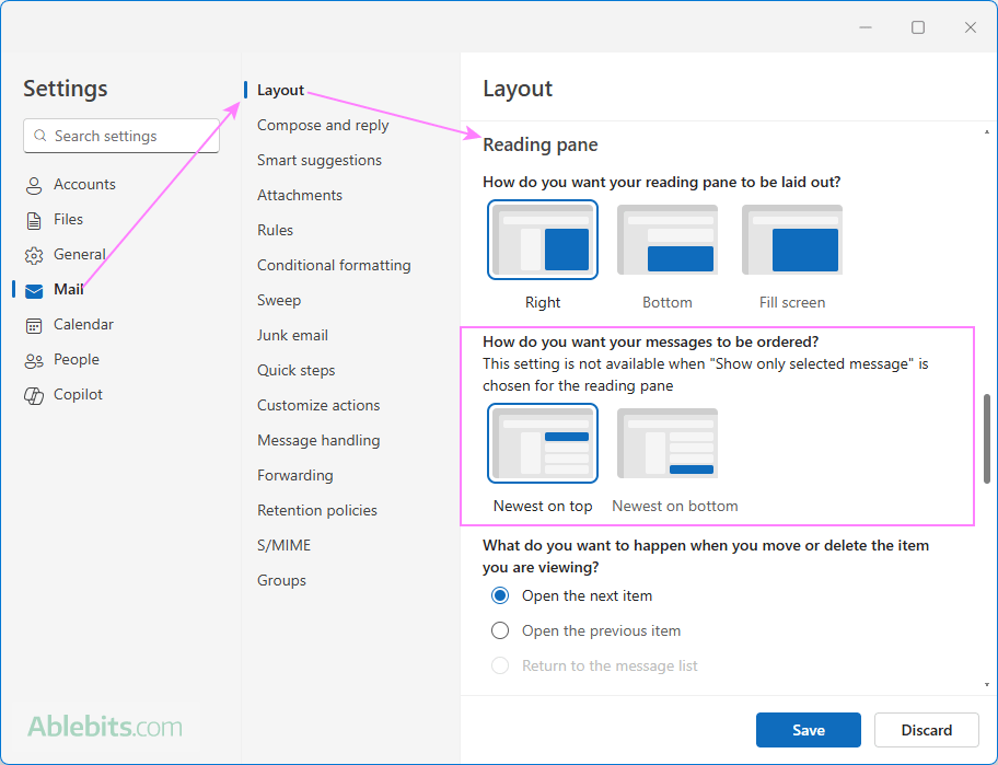 Choose to arrange newest emails on top or bottom in the Reading pane.
