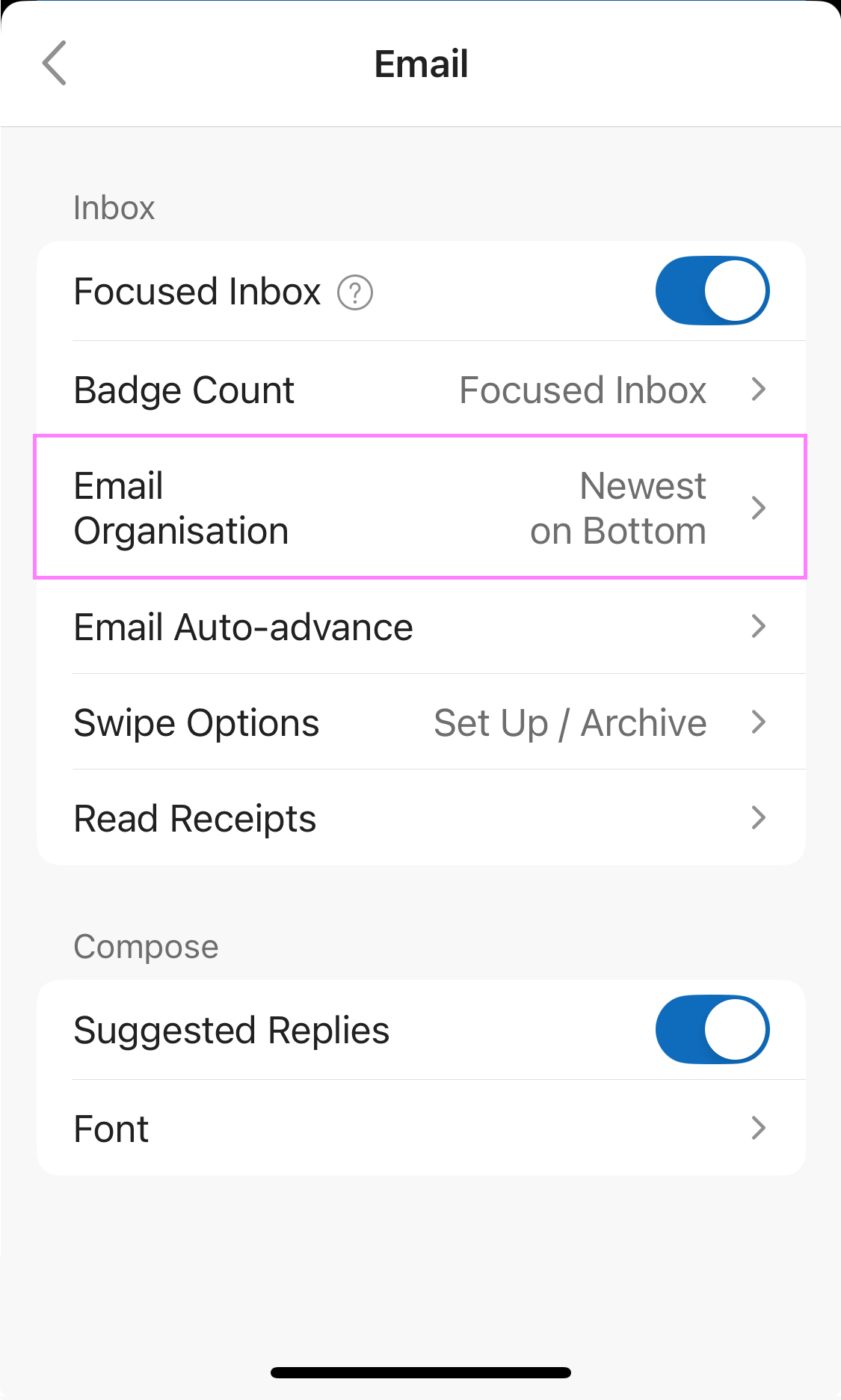 Get to Email Organization options in Outlook mobile.