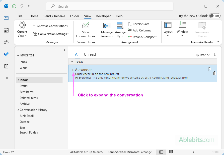 Expand a conversation in Outlook to see all the emails.