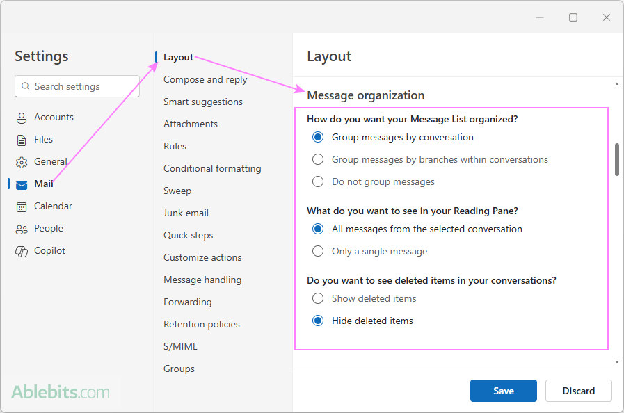 Group emails by conversation in the new Outlook.