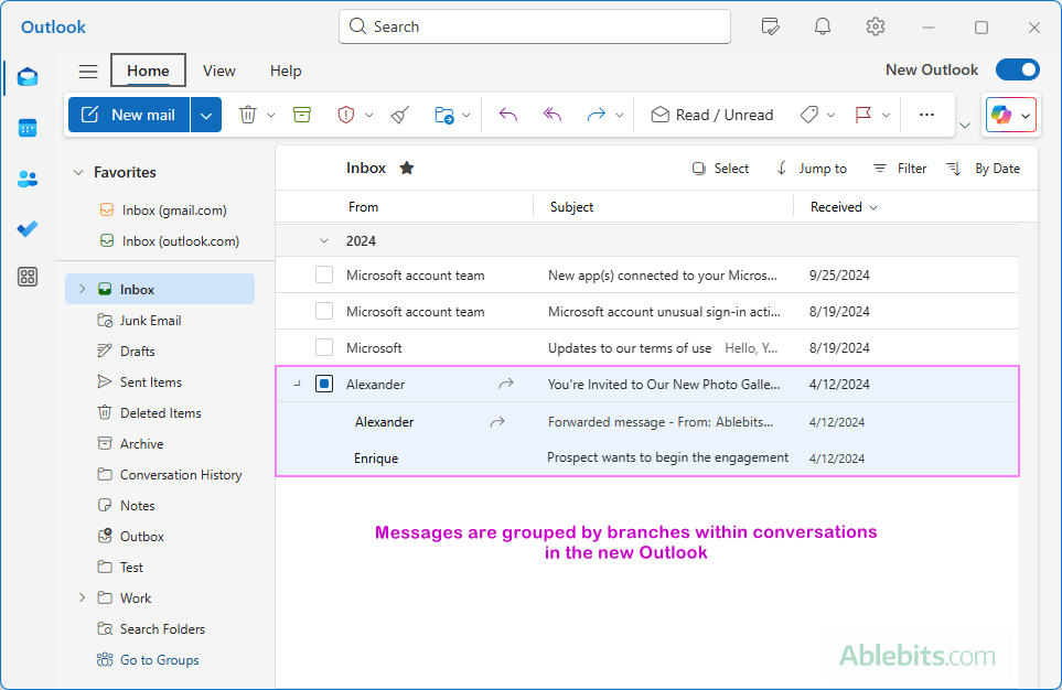 Messages are grouped by branches within conversations in the new Outlook.