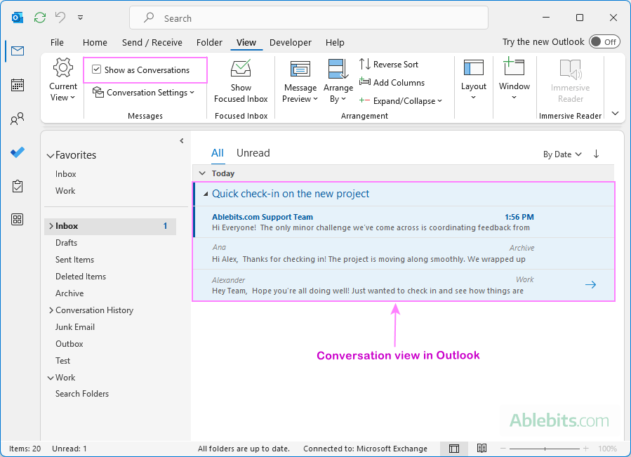 Conversation view in Outlook