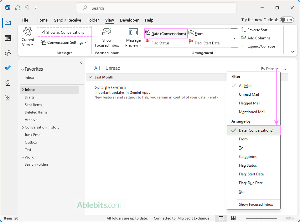 Fix the problem of the Show as conversations option greyed out in Outlook.