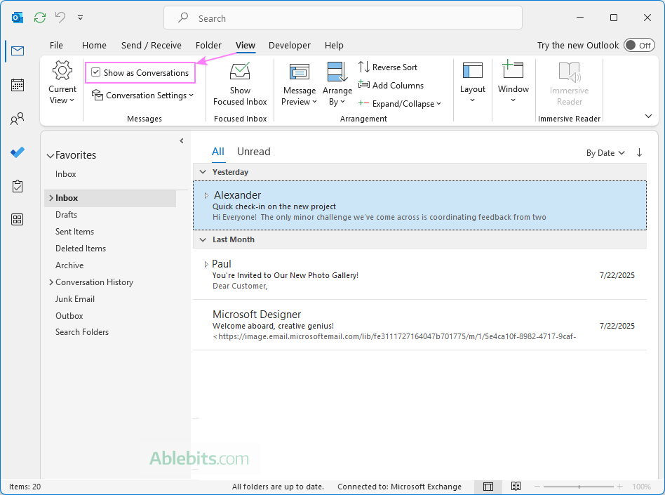 Turn on Conversation view in Outlook.