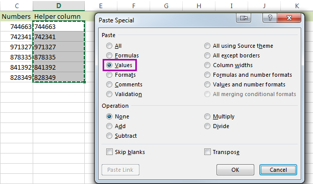 Select the Values radio button on the Paste Special dialog box