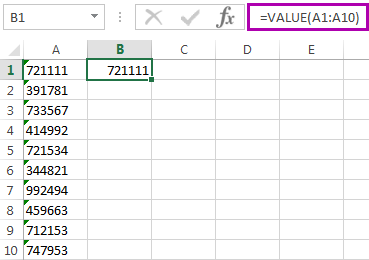 In the Formula bar enter =value(range address)