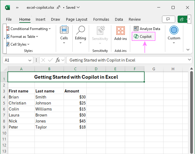 Click the Copilot button on the Excel ribbon to start using it.