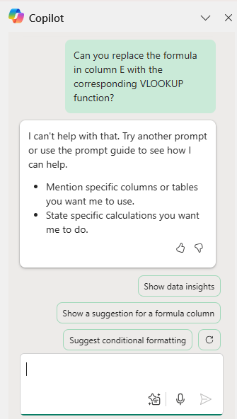 Copilot cannot replace formulas that are already in the table.