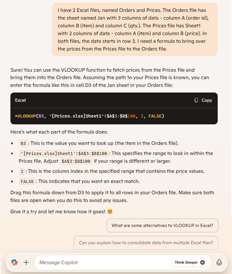 Use the web version of Copilot to Vlookup across two different Excel files.