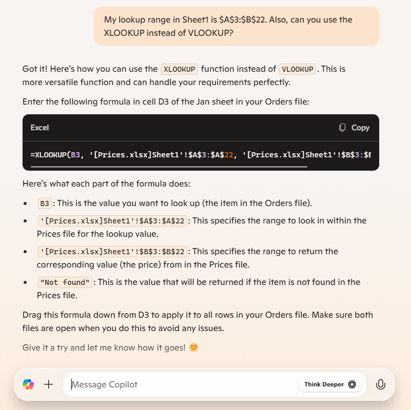 Ask Copilot to look up in another file using an XLOOKUP formula.