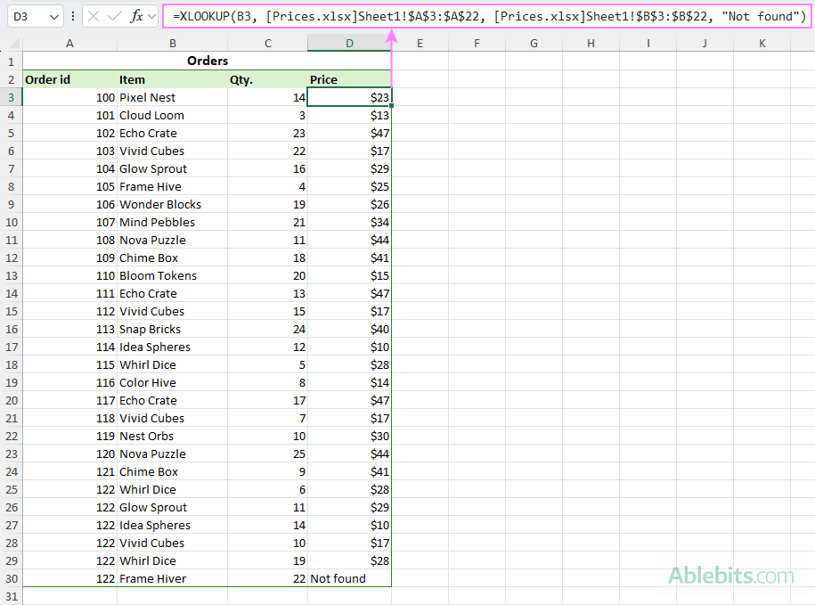 Using the XLOOKUP formula created by web Copilot in Excel.