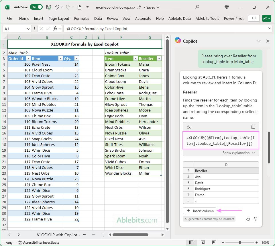 The XLOOKUP formula written by Copilot.