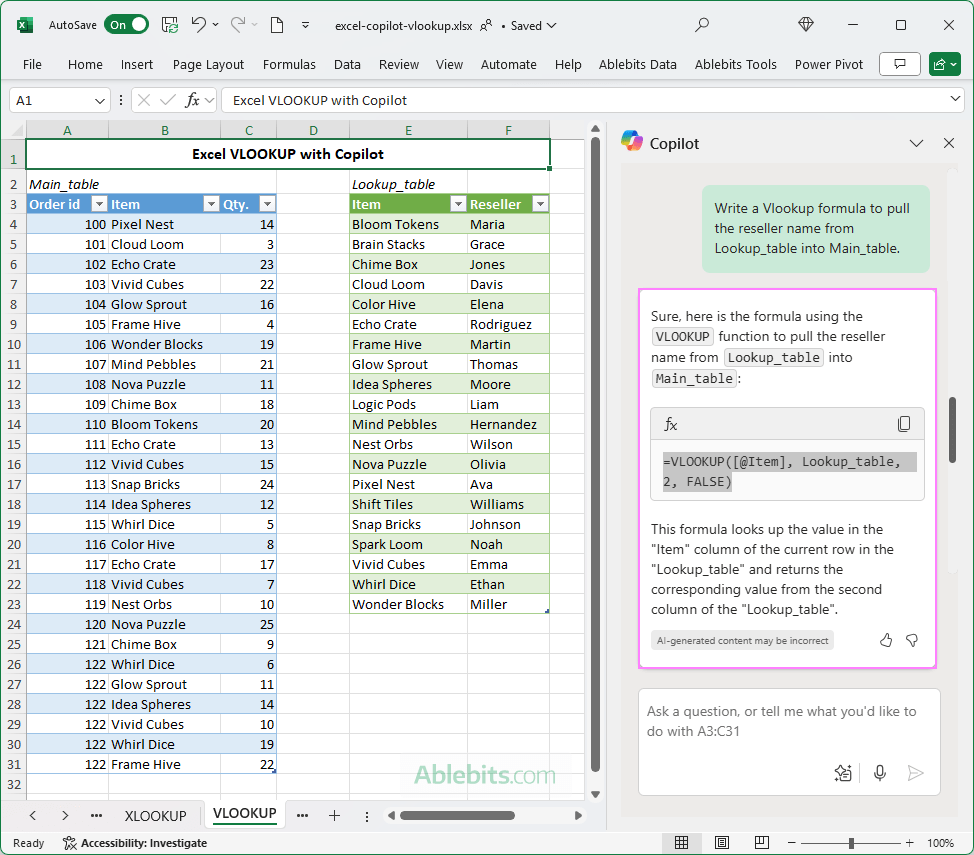 Creating a VLOOKUP formula with Excel Copilot