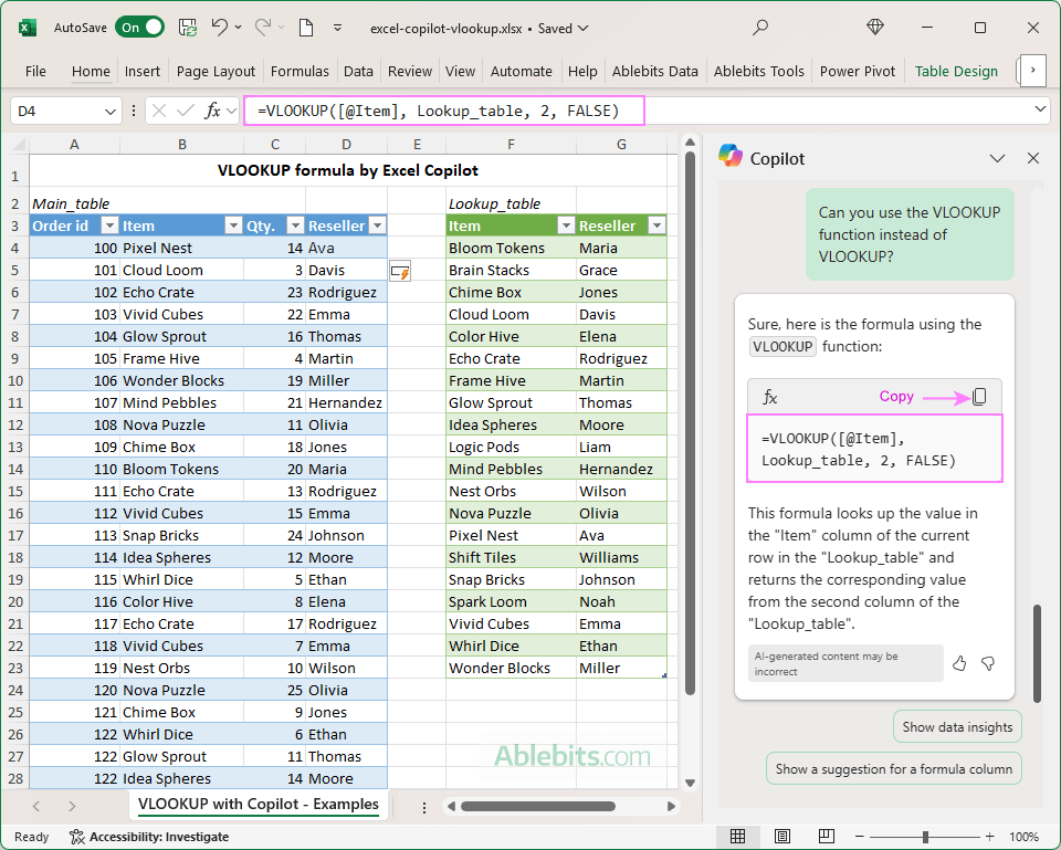 The VLOOKUP formula written by Excel Copilot.