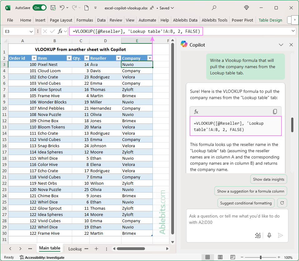 Request Copilot to write a VLOOKUP formula.