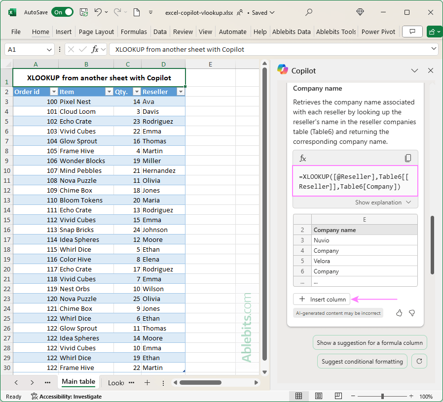 The XLOOKUP formula to pull matches from another sheet.