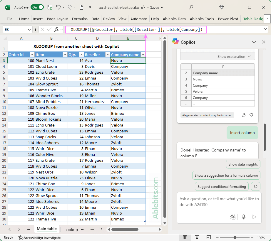 Insert the column with the XLOOKUP formula into the table.