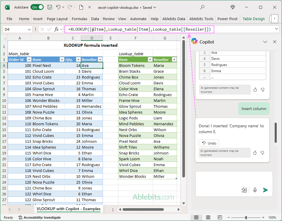 Add the XLOOKUP formula to the table.