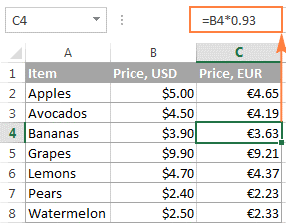 The formula is copied down the column, and the cell references are adjusted properly.