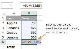 Enter the editing mode and copy the formula in the cell as text.