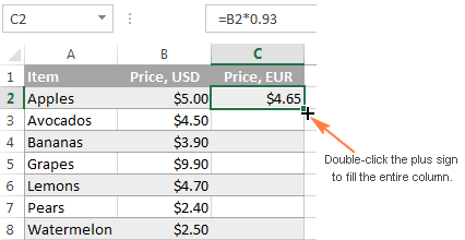 Double-click the plus sign to copy a formula to the entire column.