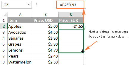 Drag the formula down to copy it to other cells in a column.